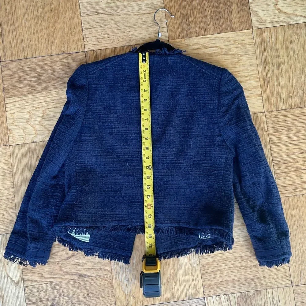 J Crew navy tweed moto-style jacket with 3/4 sleeves and frayed edges, Size 2P